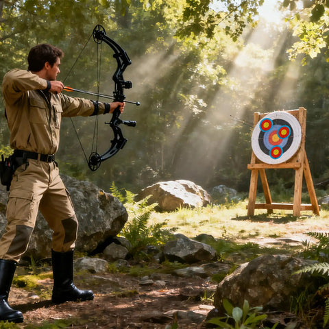 Archer using 3 Inch Archery Target Stickers Self Adhesive Paper Targets for outdoor practice with sunlit forest backdrop