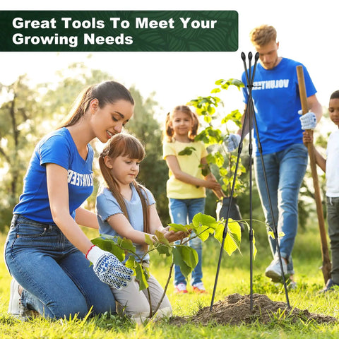 Volunteers setting up Outdoor And Indoor Garden Trellis With 47 Inch Obelisk And Tomato Cage in a garden, children assisting.