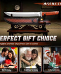 Tanto Fixed Blade Knife For Outdoor Survival With Leather Sheath displayed on stand, gifting occasions below