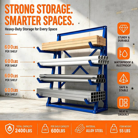 Workhorse Heavy Duty Lumber Storage Rack With Adjustable Arms And Beefy Alloy Steel Build For Stashing Pipes And Rebar Up To 2400 Pounds Without Breaking A Sweat