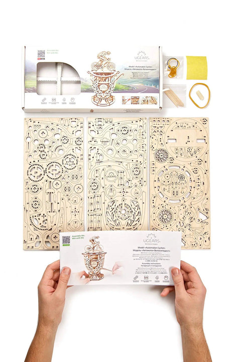 Automaton Cyclist 3D Wooden Puzzle Kit For Adults Mechanical Bicycle Model And Brain Teaser Hobby Set Vintage Style Craft Build For Men Hands On DIY Project Relaxing Puzzle To Launch The Cyclist, 1 kit with wood parts and instructions