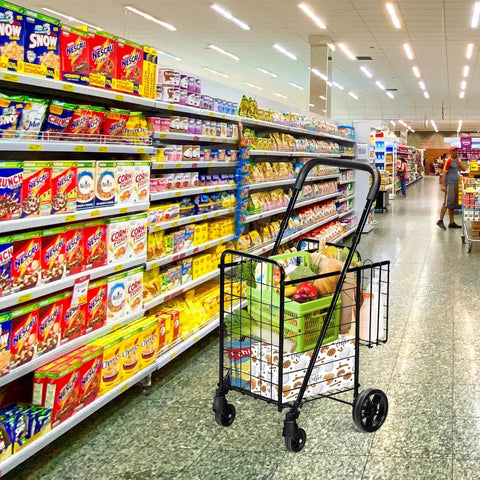 Heavy Duty Foldable Grocery Cart With Adjustable Handle, Extra Basket And 360 Degree Swivel Wheels in supermarket aisle