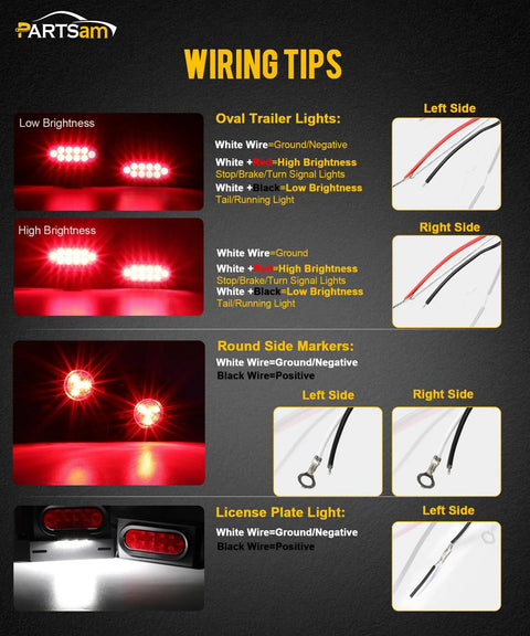 Wiring tips for Beefed Up LED Steel Trailer Light Box Kit with diagrams and LED light examples in different brightness settings.