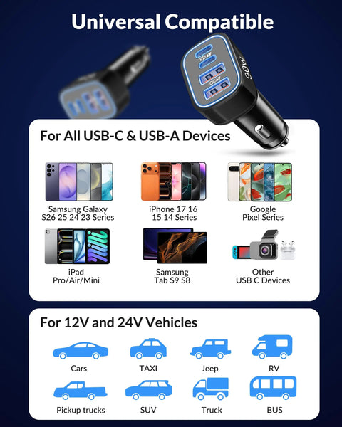90W 4 Port USB C Car Charger With 3Ft Cable Ultra Fast PD 3.0 Charging Hub compatible with various phones and vehicles