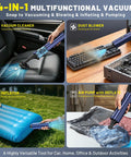 4 In 1 Cordless Car Vacuum, Portable Handheld Vacuum Cleaner And Air Duster With Multi Nozzles, 19500 Pa Suction, 140W Rechargeable Power, demonstrated in various uses like car seat vacuuming, keyboard dusting, inflating an air mattress, and sealing a storage bag.