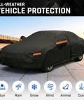 Six Layer Heavy Duty Car Cover Waterproof All Weather Protection With Cotton Liner Exterior Outdoor Cover For Sun Rain Snow UV Protection Fits Sedan 186 To 193 Inches covering a car outside on a sunny day.