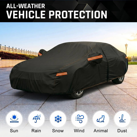 Six Layer Heavy Duty Car Cover Waterproof All Weather Protection With Cotton Liner Exterior Outdoor Cover For Sun Rain Snow UV Protection Fits Sedan 186 To 193 Inches covering a car outside on a sunny day.