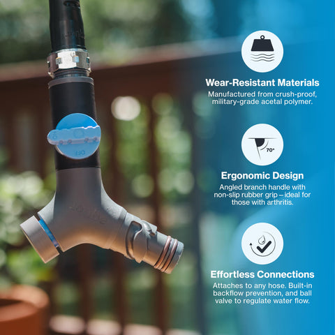 Comfort Grip VB Hose Connector With Built In Vacuum Breaker And Ball Valve, Backflow Prevention, Ergonomic No Slip Grip, shown in use.