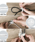 Close-up of wire ties, cord holders, and cable clips in use from Under Desk Cable Management Kit 26 Piece Hexagonal Ventilated Design With Cable Clips Wire Ties Cord Holder And Screws For Office And Home White Two Sets Keeps Power Strips Hidden And Your Space Clean And Pro.