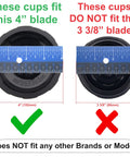 Comparison of two lids with rulers showing compatibility for 4-inch blades, not 3 3/8-inch, for 32 Ounce Cup With Sip N Seal To Go Lid Extra Large Replacement Jar Compatible With Nutri Ninja Auto IQ 1000W And Duo Blenders Premium Blender Cups Replacement Pack Of 2.
