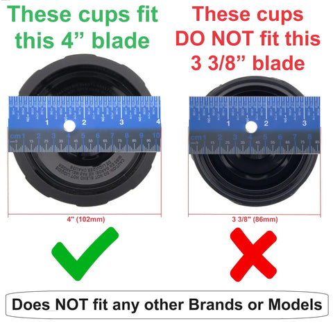 Comparison of two lids with rulers showing compatibility for 4-inch blades, not 3 3/8-inch, for 32 Ounce Cup With Sip N Seal To Go Lid Extra Large Replacement Jar Compatible With Nutri Ninja Auto IQ 1000W And Duo Blenders Premium Blender Cups Replacement Pack Of 2.
