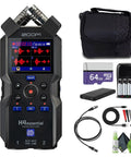 Four Track Portable Recorder With 32 Bit Float Audio, Stereo XY Mics, Two XLR TRS Combo Inputs, USB Interface For Musicians and Podcasters, shown with accessories including a case, SD card, and cables.