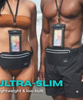 Two people wearing the Underwater Waterproof Fanny Pack For Phones And Gear, with submersible phone pouches at the beach.