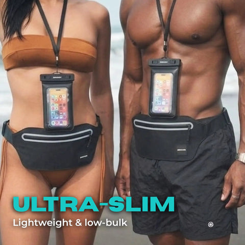 Two people wearing the Underwater Waterproof Fanny Pack For Phones And Gear, with submersible phone pouches at the beach.
