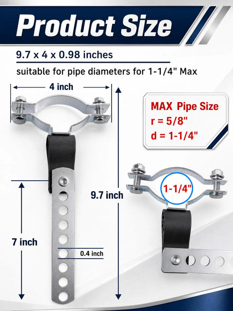 Universal Heavy Duty Exhaust And Muffler Hanger Kit for 1.25 inch pipe, showing dimensions and galvanized steel with rubber mounts.