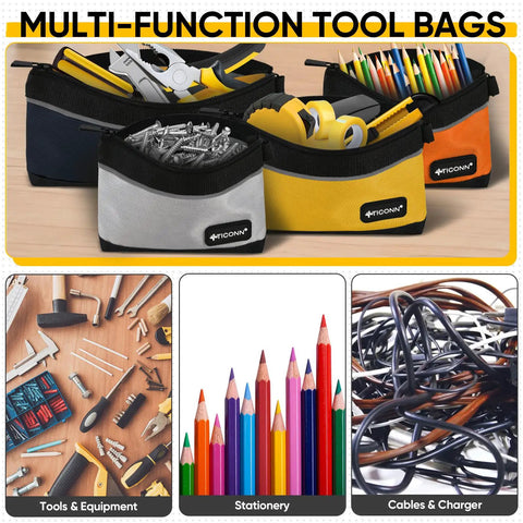 Heavy Duty 1680D Oxford Tool Pouches With Zipper Waterproof Small Tool Bags For Organization And Storage 3 Pack Durable Utility Zipper Pouches For Tools holding various items including tools, stationery, and cables.