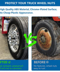 Comparison of truck wheels before and after using 20 Pack Lug Nut Covers For Semi Trucks And Trailers 33mm And Three And A Half Inch Thread On Flat Top Cylinder Caps ABS Chrome Plastic Anti Rust Screw On High Gloss Finish Durable Chrome Lug Nut Caps For Heavy Duty Wheels, showing rusted and shiny chrome finishes.