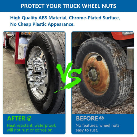 Comparison of truck wheels before and after using 20 Pack Lug Nut Covers For Semi Trucks And Trailers 33mm And Three And A Half Inch Thread On Flat Top Cylinder Caps ABS Chrome Plastic Anti Rust Screw On High Gloss Finish Durable Chrome Lug Nut Caps For Heavy Duty Wheels, showing rusted and shiny chrome finishes.
