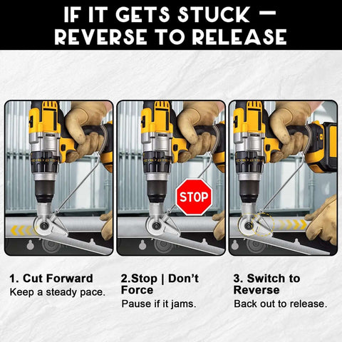 Sheet Metal Cutter Nibbler Drill Attachment With Titanium Steel Gear For Stronger Bite demonstration on stuck release method