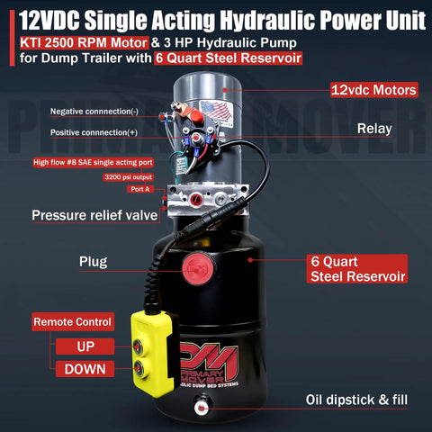 12V DC Single Acting Dump Trailer Hydraulic Pump With Steel Reservoir And Remote Controller, 6 Quart Capacity