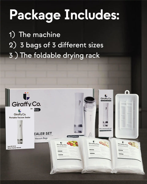 Compact Handheld Vacuum Sealer Kit With 30 Reusable Bags, Cordless Sealer, Foldable Drying Rack, USB C Charging Cable packaging