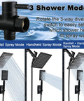 Square Rain Shower Head With Handheld Spray Bundle, High Pressure All Metal Shower Set, 3 Way Diverter Modes Displayed