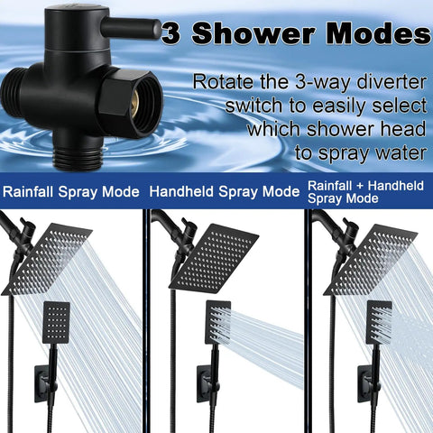 Square Rain Shower Head With Handheld Spray Bundle, High Pressure All Metal Shower Set, 3 Way Diverter Modes Displayed