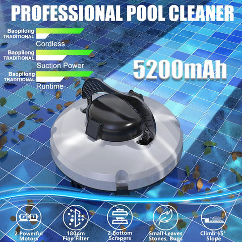 Cordless Robotic Pool Cleaner With 120 Minute Run Time Auto Vacuum for flat pools, shown on pool floor with debris and leaves.
