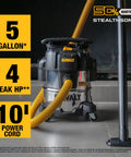 StealthSonic 5 Gallon Wet Dry Shop Vacuum Ultra Quiet With 4 HP Power Stainless Steel Canister in garage setting