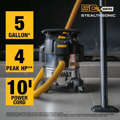 StealthSonic 5 Gallon Wet Dry Shop Vacuum Ultra Quiet With 4 HP Power Stainless Steel Canister in garage setting