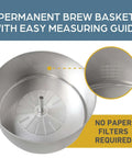 100 Cup Commercial Coffee Urn With Automatic Temperature Control Fast Brewing Easy Clean Up NSF Approved Large Capacity Keeps Joe Hot All Day Silver For Large Events showing permanent brew basket with measuring guide and no paper filters