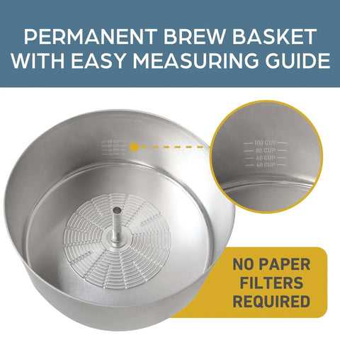 100 Cup Commercial Coffee Urn With Automatic Temperature Control Fast Brewing Easy Clean Up NSF Approved Large Capacity Keeps Joe Hot All Day Silver For Large Events showing permanent brew basket with measuring guide and no paper filters