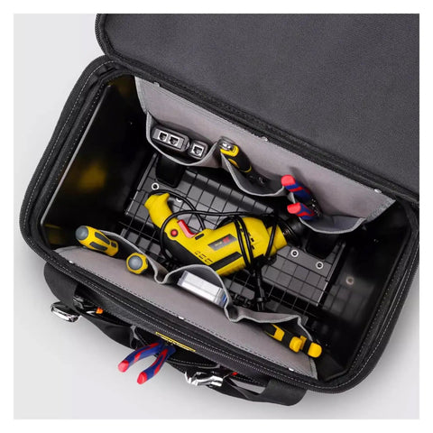 Open view of Beefy Heavy Duty Rolling Tool Chest with tools inside, showing metal latch and durable storage for job sites