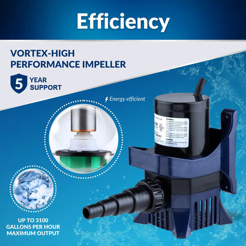 3100 GPH Pro Grade Submersible Water Pump For Ponds And Fountains With 33 Foot Cord Quiet 276W Motor Efficiency
