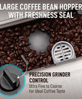 Close-up of coffee bean hopper with freshness seal on Automatic Espresso Machine With Built In Grinder And Touch Panel For Barista Quality Coffee At Home Milk Frothing Steam Wand Adjustable Strength Self Cleaning Cream And Silver Finish.