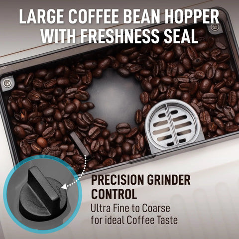 Close-up of coffee bean hopper with freshness seal on Automatic Espresso Machine With Built In Grinder And Touch Panel For Barista Quality Coffee At Home Milk Frothing Steam Wand Adjustable Strength Self Cleaning Cream And Silver Finish.