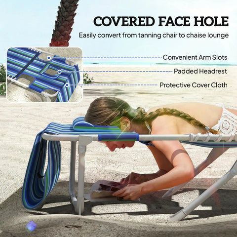 Face Hole Tanning Chair With Side Table And Carry Straps, 5 Position Folding Chaise Lounge For Beach Or Pool, Oxford Fabric In Blue Stripe shown on beach with arm slots and padded headrest.