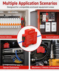 Image of 10 Pack Temp Triggered Fire Extinguishers Dual Din Rail Mount Heat Aerosol Auto Flame Suppressors in control cabinets.