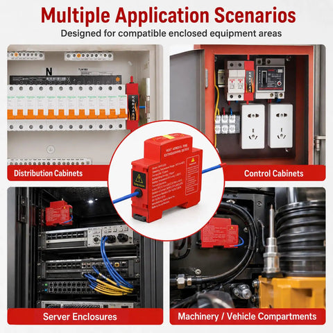 Image of 10 Pack Temp Triggered Fire Extinguishers Dual Din Rail Mount Heat Aerosol Auto Flame Suppressors in control cabinets.