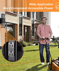Man mowing lawn near Dusk To Dawn Outdoor Light With GFCI Outlet And Two Outlets IP65 Waterproof Rust Resistant Porch Light For Your House Front Door Durable Rust Proof Construction Ideal For Front Porch Patio Or Entryway