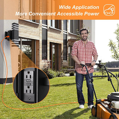 Man mowing lawn near Dusk To Dawn Outdoor Light With GFCI Outlet And Two Outlets IP65 Waterproof Rust Resistant Porch Light For Your House Front Door Durable Rust Proof Construction Ideal For Front Porch Patio Or Entryway