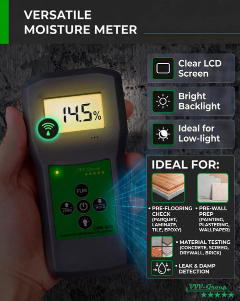 Non Destructive Digital Moisture Meter For Concrete Floors And Walls Surface Moisture Tester CME 822 showing 14.5% on LCD