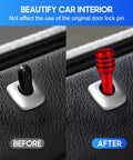 4 Piece Red Aluminum Alloy Car Door Lock Knobs, Interior Pull Pin Covers, Decorative Lift Bolts, Universal Cars And Trucks Hardware, No Sweat Swap For Dope Sleek Ride Bling before and after installation comparison.