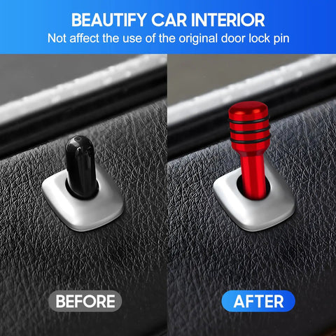 4 Piece Red Aluminum Alloy Car Door Lock Knobs, Interior Pull Pin Covers, Decorative Lift Bolts, Universal Cars And Trucks Hardware, No Sweat Swap For Dope Sleek Ride Bling before and after installation comparison.
