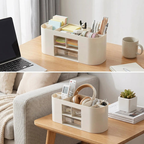 All In One Desk Organizer With Drawers For Office Supplies Storage White Keep Pens Pencils Scissors Sticky Notes Rulers And Glasses Neat And Ready With Customizable Top Compartments And Removable Dividers on wooden table