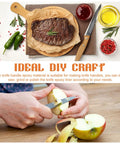 Slicing an apple with a knife, steak on parchment, highlighting DIY with G10 Spacer Sheets Set For Knife Scales.