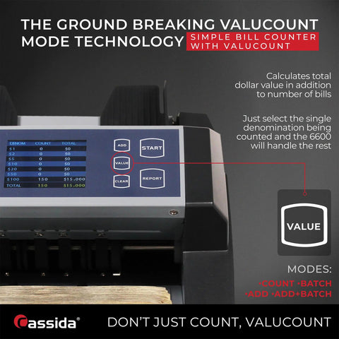 Heavy Duty Business Money Counter With Top Loading Cash Handling Machine Featuring Quick Batch Mode And Slick Counterfeit Detection For Hustle Ready Operations And Zero Hassle Retail Accounting, close-up of control panel showing ValuCount technology.