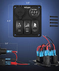 Front and side view of 3 Gang Rocker Switch Panel With USB Charger And LED Voltmeter For 12V Cars Trucks Boats ATVs RVs Marine Aluminum.