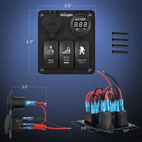 Front and side view of 3 Gang Rocker Switch Panel With USB Charger And LED Voltmeter For 12V Cars Trucks Boats ATVs RVs Marine Aluminum.