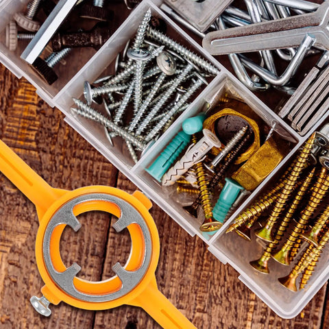 Get This Killer Gririw Pvc Thread Maker Tool Set For Plumbing Jobs Reusable Plastic And Stainless Steel Round Pipe Threader Kit With Tight Fit Sure Thing Durable Manual Hand Tool Multiuse Design Installation Removal beside assorted screws in a tool organizer.